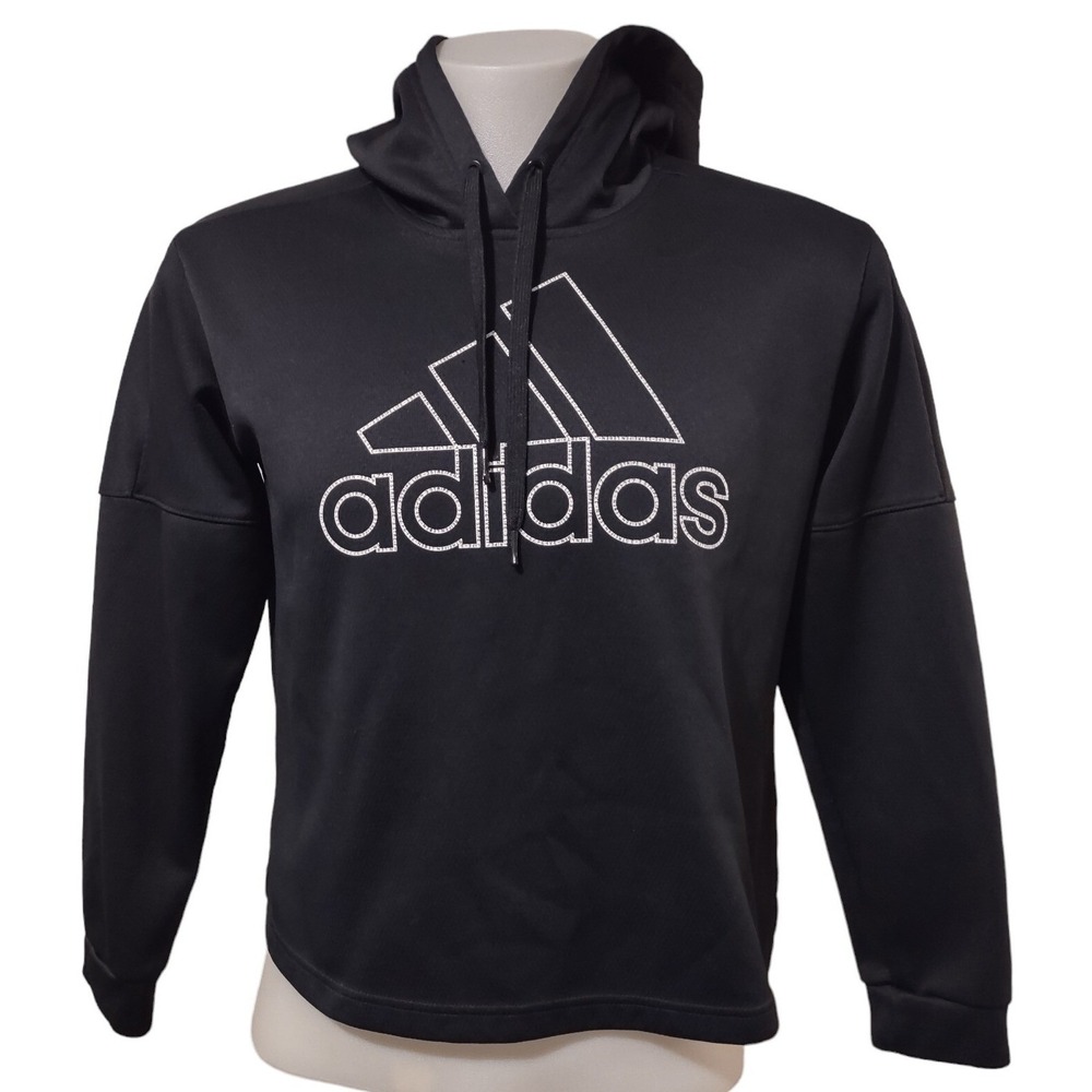 Adidas Hoodie Woman's Large Graphic Logo Spell Out Casual Black Sweatshirt Nice!